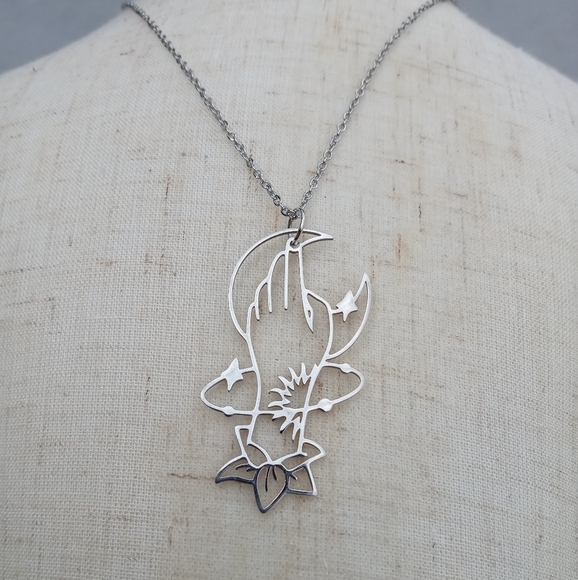 Stainless Steel Witchy Floral Moon Hand Necklace - Picture 2 of 3